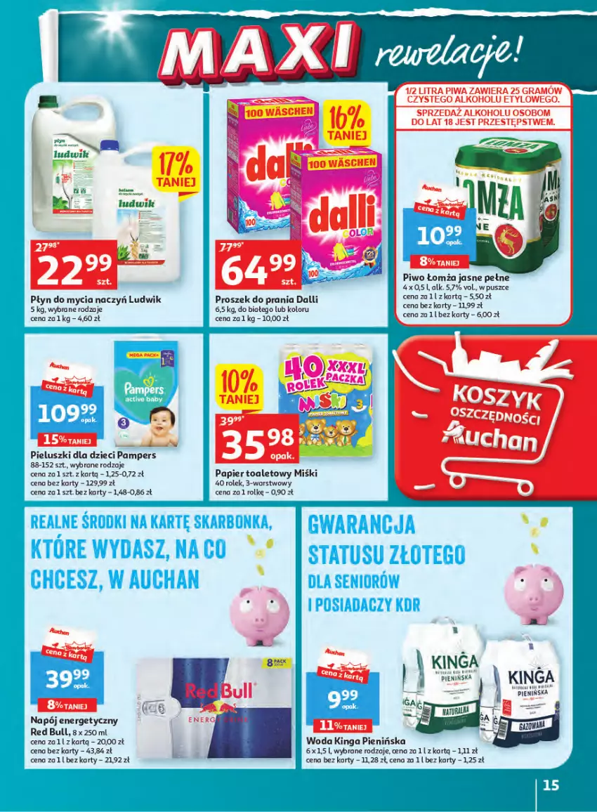 Gazetka promocyjna Auchan - Gazetka Wielkie majowe odkrycia cenowe część #2 Hipermarket Auchan - ważna 04.05 do 10.05.2023 - strona 15 - produkty: Do mycia naczyń, Dzieci, Gra, Ludwik, Napój, Napój energetyczny, Pampers, Papier, Papier toaletowy, Piwa, Piwo, Płyn do mycia, Płyn do mycia naczyń, Proszek do prania, Red Bull, Woda