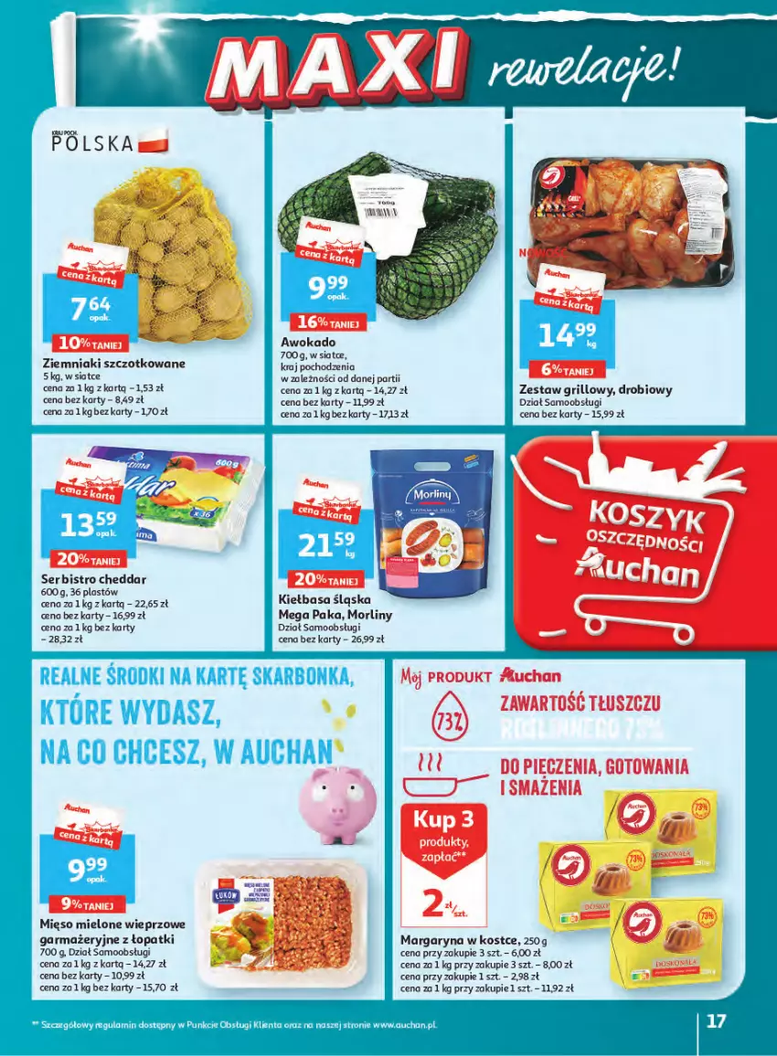 Gazetka promocyjna Auchan - Gazetka Wielkie majowe odkrycia cenowe część #2 Hipermarket Auchan - ważna 04.05 do 10.05.2023 - strona 17 - produkty: Cheddar, Grill, Kiełbasa, Kiełbasa śląska, Margaryna, Mięso, Mięso mielone, Morliny, Ziemniaki