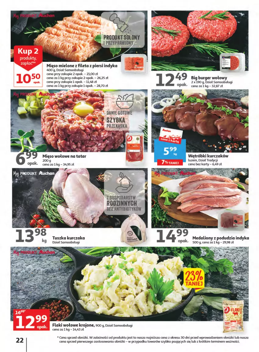 Gazetka promocyjna Auchan - Gazetka Wielkie majowe odkrycia cenowe część #2 Hipermarket Auchan - ważna 04.05 do 10.05.2023 - strona 22 - produkty: Burger, Danie gotowe, Flaki, Flaki wołowe, Kurczak, Mięso, Mięso mielone, Mięso wołowe, O nas, Tusz