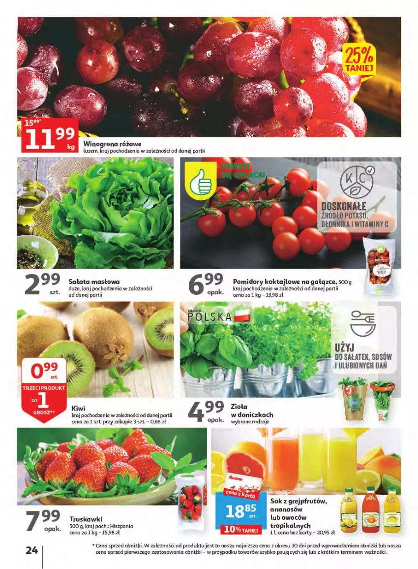 Gazetka promocyjna Auchan - Gazetka Wielkie majowe odkrycia cenowe część #2 Hipermarket Auchan - ważna 04.05 do 10.05.2023 - strona 24 - produkty: Ananas, Grejpfrut, Kiwi, Masło, O nas, Pomidory, Sałat, Sałata masłowa, Sok, Sos, Truskawki, Wino, Winogrona