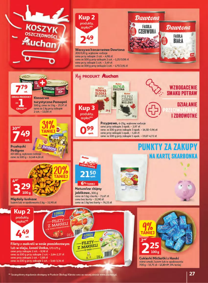 Gazetka promocyjna Auchan - Gazetka Wielkie majowe odkrycia cenowe część #2 Hipermarket Auchan - ważna 04.05 do 10.05.2023 - strona 27 - produkty: Bazyl, Bazylia, Chipsy, Cukier, Cukierki, Dawtona, Fa, Migdały, Migdały łuskane, Pedigree, Ser, Warzywa, Warzywa konserwowe