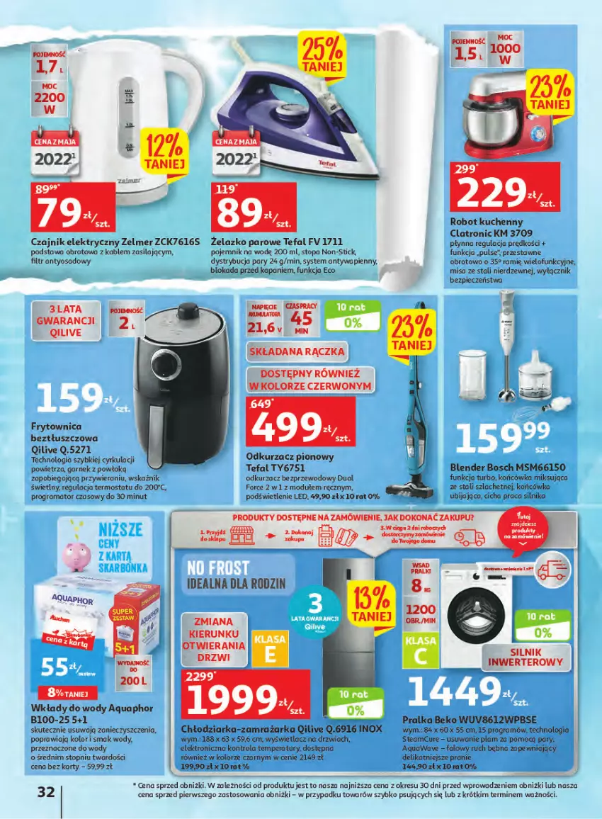 Gazetka promocyjna Auchan - Gazetka Wielkie majowe odkrycia cenowe część #2 Hipermarket Auchan - ważna 04.05 do 10.05.2023 - strona 32 - produkty: Aquaphor, Beko, Blender, Bosch, Chłodziarka, Czajnik, Czajnik elektryczny, Drzwi, Fa, Garnek, Gra, O nas, Odkurzacz, Odkurzacz bezprzewodowy, Piec, Pojemnik, Pralka, Robot, Tefal, Termos, Top, Zamrażarka, Zelmer