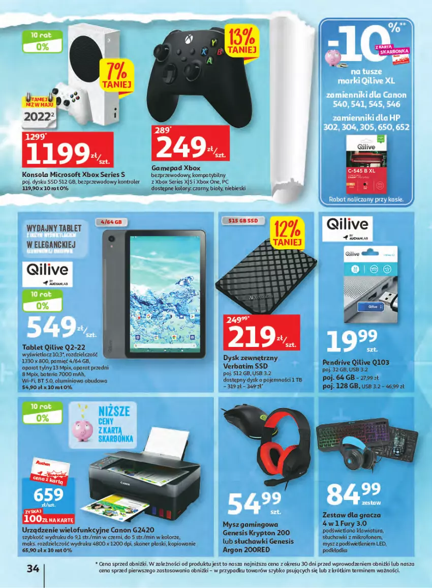 Gazetka promocyjna Auchan - Gazetka Wielkie majowe odkrycia cenowe część #2 Hipermarket Auchan - ważna 04.05 do 10.05.2023 - strona 34 - produkty: Bateria, Canon, Gra, Klawiatura, Konsola, Kontroler, LANA, Mikrofon, Mysz, O nas, Pendrive, Ser, Skaner, Słuchawki, Tablet, Urządzenie wielofunkcyjne, Xbox