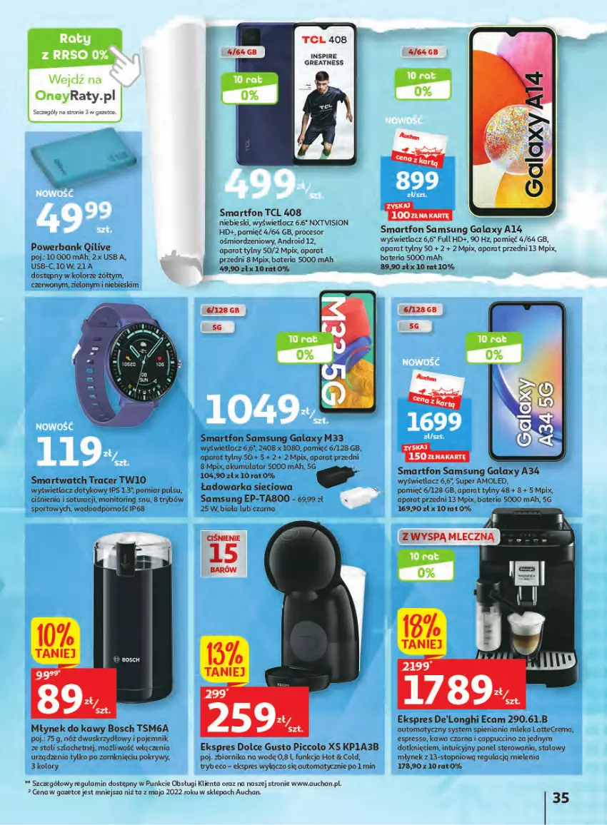 Gazetka promocyjna Auchan - Gazetka Wielkie majowe odkrycia cenowe część #2 Hipermarket Auchan - ważna 04.05 do 10.05.2023 - strona 35 - produkty: Acer, Akumulator, Amol, Bateria, Bosch, Cappuccino, Dolce Gusto, Gala, Kawa, Młynek, Młynek do kawy, Monitor, Pojemnik, Por, Procesor, Samsung, Smartfon, Smartwatch, Sport, Top, Warka