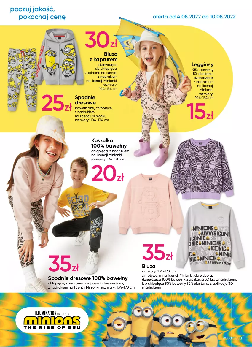 Gazetka promocyjna Pepco - Minionki - ważna 04.08 do 10.08.2022 - strona 2 - produkty: Bluza, Bluza z kapturem, Dres, Gin, Koc, Kosz, Koszulka, Legginsy, Spodnie, Spodnie dresowe