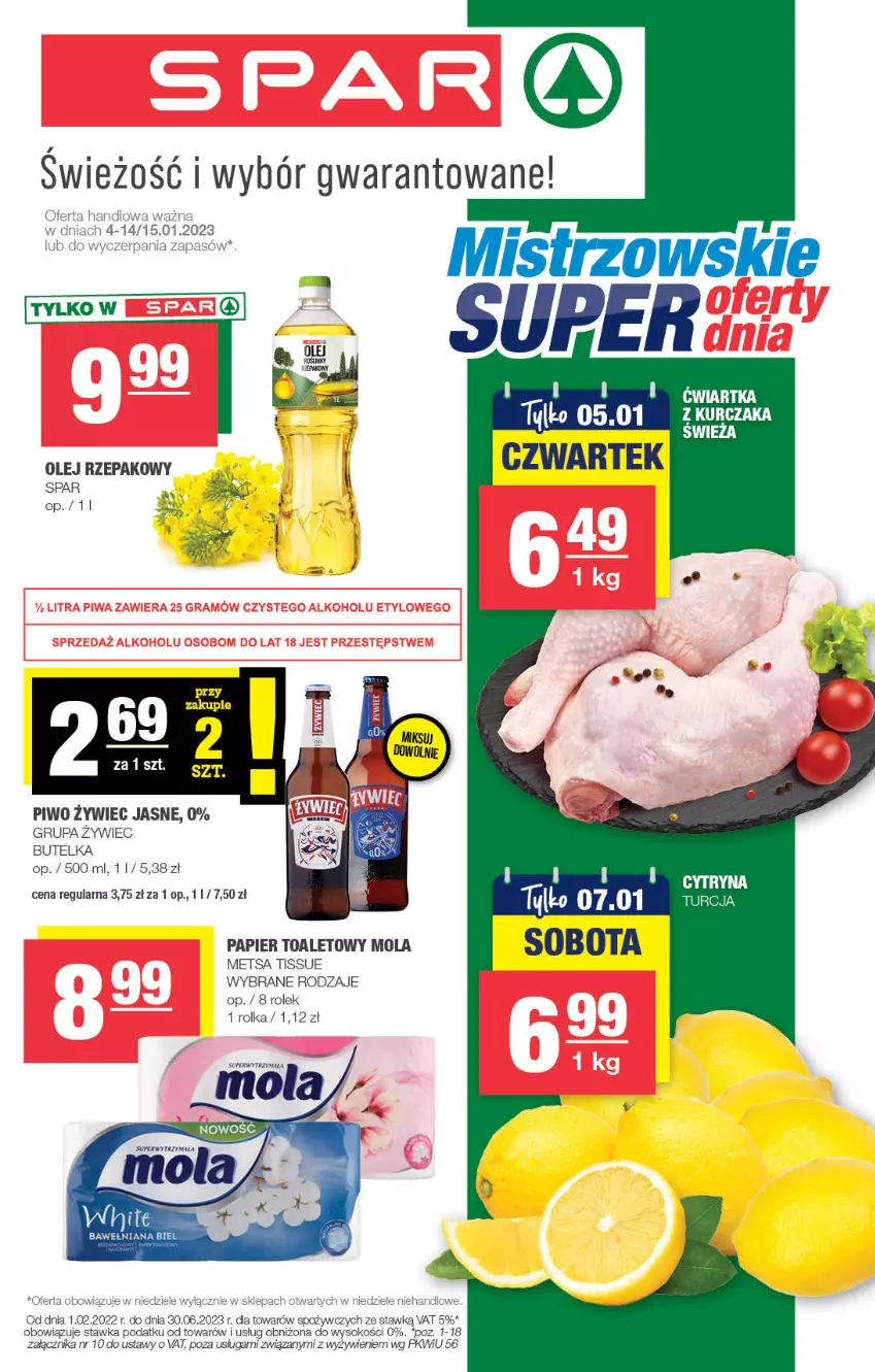 Gazetka promocyjna Spar - Spar - ważna 01.01 do 11.01.2023 - strona 1 - produkty: Mola, Olej, Olej rzepakowy, Papier, Papier toaletowy, Piwo, Sok