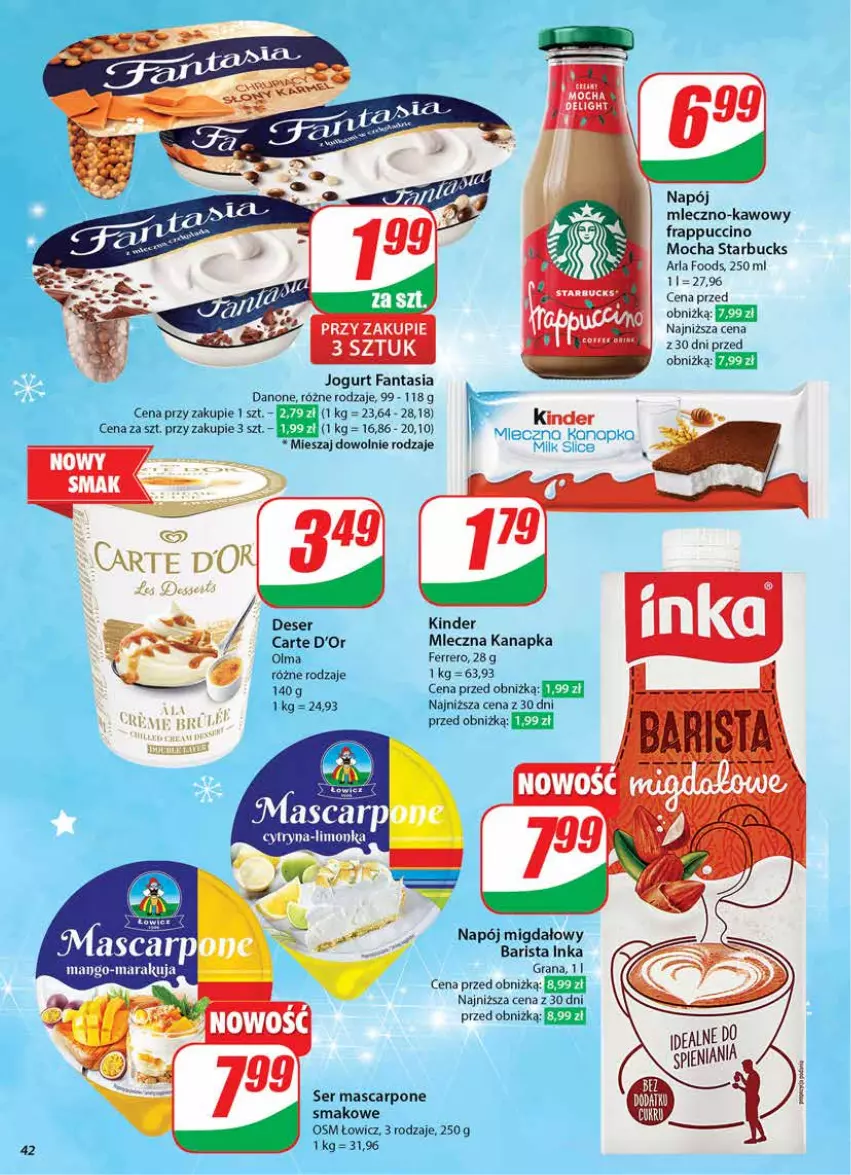 Gazetka promocyjna Dino - Gazetka 51 / 2024 - ważna 18.12 do 24.12.2024 - strona 42 - produkty: Carte d'Or, Danone, Deser, Fa, Fanta, Ferrero, Gra, Inka, Jogurt, Limonka, Mascarpone, Mleczna kanapka, Napój, Olma, Ser