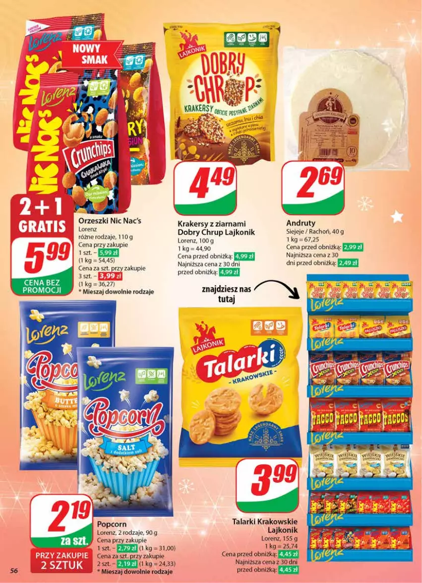 Gazetka promocyjna Dino - Gazetka 51 / 2024 - ważna 18.12 do 24.12.2024 - strona 56 - produkty: Krakersy, Lajkonik, Lorenz, Orzeszki, Popcorn