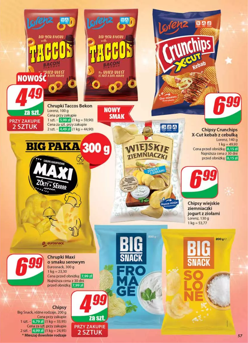 Gazetka promocyjna Dino - Gazetka 51 / 2024 - ważna 18.12 do 24.12.2024 - strona 57 - produkty: Beko, Chipsy, Chrupki, Crunchips, Jogurt, Kebab, Lorenz, Ser