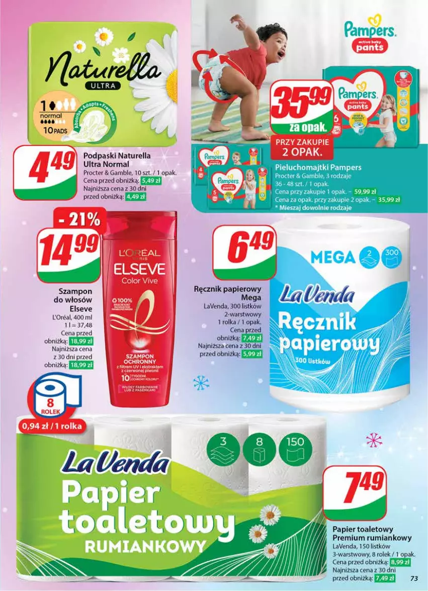 Gazetka promocyjna Dino - Gazetka 51 / 2024 - ważna 18.12 do 24.12.2024 - strona 73 - produkty: Elseve, Fa, Majtki, Naturell, Naturella, Pampers, Papier, Papier toaletowy, Pieluchomajtki, Podpaski, Ręcznik, Rum