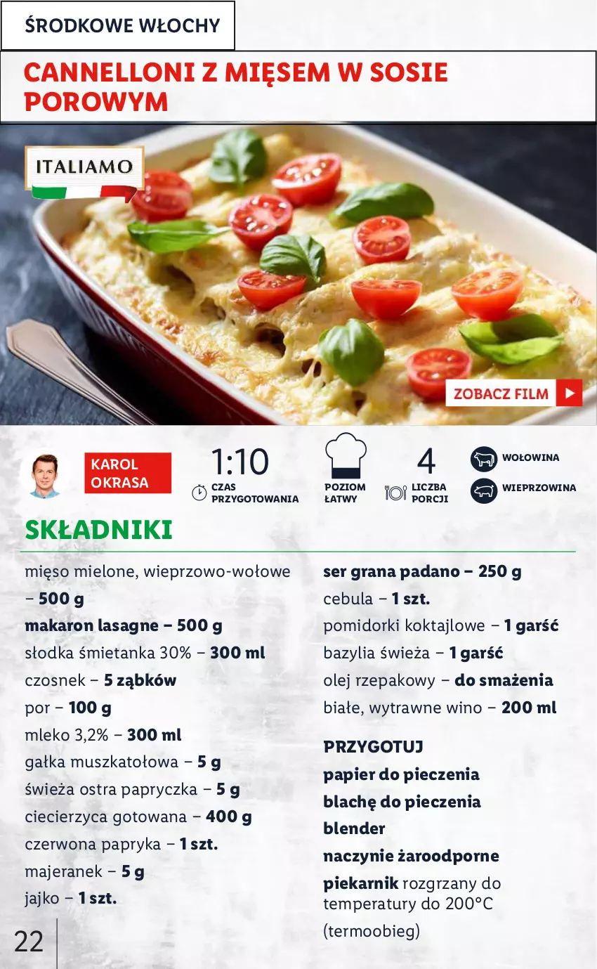 Gazetka promocyjna Lidl - KATALOG ITALIAMO - ważna 07.02 do 12.02.2022 - strona 22 - produkty: Bazyl, Bazylia, Blender, Cebula, Czosnek, Gałka, Gra, Lasagne, Makaron, Mięso, Mięso mielone, Mleko, Mus, Naczynie żaroodporne, Olej, Olej rzepakowy, Ostra papryczka, Papier, Papier do pieczenia, Papryka, Piec, Piekarnik, Pomidorki, Por, Ser, Sos, Wieprzowina, Wino, Wołowina