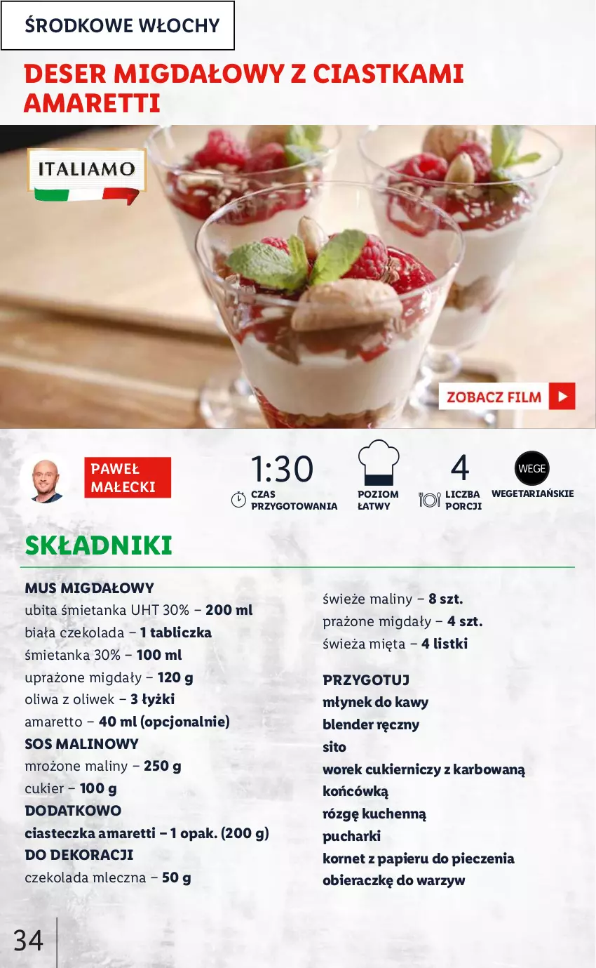 Gazetka promocyjna Lidl - KATALOG ITALIAMO - ważna 07.02 do 12.02.2022 - strona 34 - produkty: Blender, Blender ręczny, Ciastka, Cukier, Czekolada, Czekolada mleczna, Deser, Maliny, Mięta, Migdały, Młynek, Młynek do kawy, Mus, Oliwa z oliwek, Papier, Piec, Por, Ser, Sito, Sos