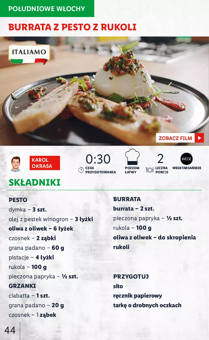 Gazetka promocyjna Lidl - KATALOG ITALIAMO - ważna 07.02 do 12.02.2022 - strona 44 - produkty: Burrata, Ciabatta, Czosnek, Gra, Olej, Oliwa z oliwek, Papier, Papryka, Pesto, Piec, Pistacje, Por, Ręcznik, Rukola, Sito, Stek, Wino