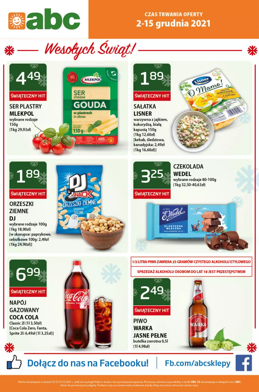 Gazetka promocyjna ABC - Gazetka - ważna 03.12 do 16.12.2021 - strona 1 - produkty: Czekolada, Fa, Fanta, Kebab, Lisner, Napój, Napój gazowany, Orzeszki, Orzeszki ziemne, Por, Sałat, Sałatka, Ser, Sprite, Warka