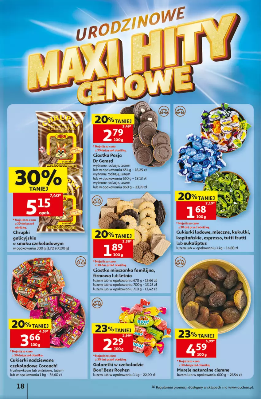 Gazetka promocyjna Auchan - Gazetka 30 Lat Hipermarket Auchan - ważna 14.05 do 20.05.2026 - strona 18 - produkty: Chrupki, Ciastka, Cukier, Cukierki, Cukierki nadziewane, Dr Gerard, Fa, Gala, Galaretki