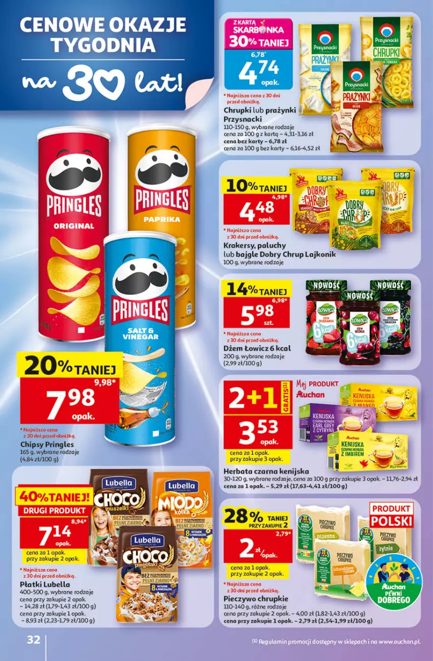 Gazetka promocyjna Auchan - Gazetka 30 Lat Hipermarket Auchan - ważna 14.05 do 20.05.2026 - strona 32 - produkty: Bajgle, Bell, Bella, Chipsy, Chrupki, Dżem, Herbata, Herbata czarna, Krakersy, Lajkonik, Lubella, Piec, Pieczywo, Pieczywo chrupkie, Pringles, Przysnacki