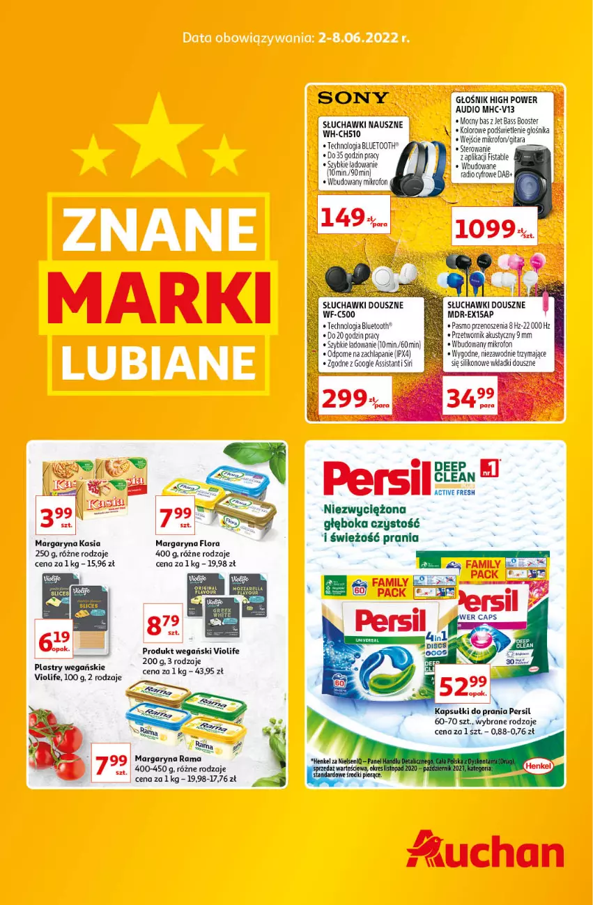 Gazetka promocyjna Auchan - Znane Lubiane Marki Hipermarkety - ważna 02.06 do 08.06.2022 - strona 1 - produkty: Booster, Fa, Flora, Głośnik, Kapsułki do prania, Kasia, Margaryna, Mikrofon, Persil, Rama, Słuchawki, Sony, Wkładki