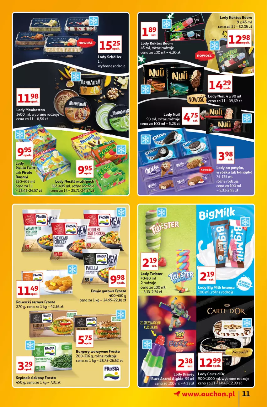 Gazetka promocyjna Auchan - Znane Lubiane Marki Hipermarkety - ważna 02.06 do 08.06.2022 - strona 11 - produkty: Algida, Burger, Carte d'Or, Cukier, Danie gotowe, Disney, Frosta, Kaktus, LG, Lody, Ser, Szpinak