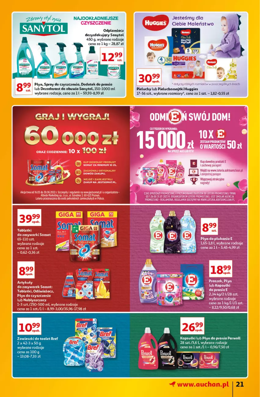 Gazetka promocyjna Auchan - Znane Lubiane Marki Hipermarkety - ważna 02.06 do 08.06.2022 - strona 21 - produkty: Bref, Dezodorant, Huggies, Majtki, Odplamiacz, Perwoll, Pieluchomajtki, Pieluchy, Płyn do prania, Sanytol, Spray do czyszczenia, Zawieszki