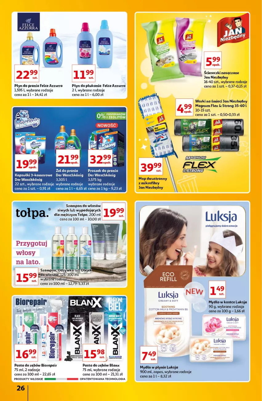 Gazetka promocyjna Auchan - Znane Lubiane Marki Hipermarkety - ważna 02.06 do 08.06.2022 - strona 26 - produkty: Biorepair, Jan Niezbędny, Luksja, Mop, Mydło, Pasta do zębów, Płyn do płukania, Płyn do prania, Proszek do prania, Ser, Szampon, Tołpa, Worki na śmiec, Worki na śmieci