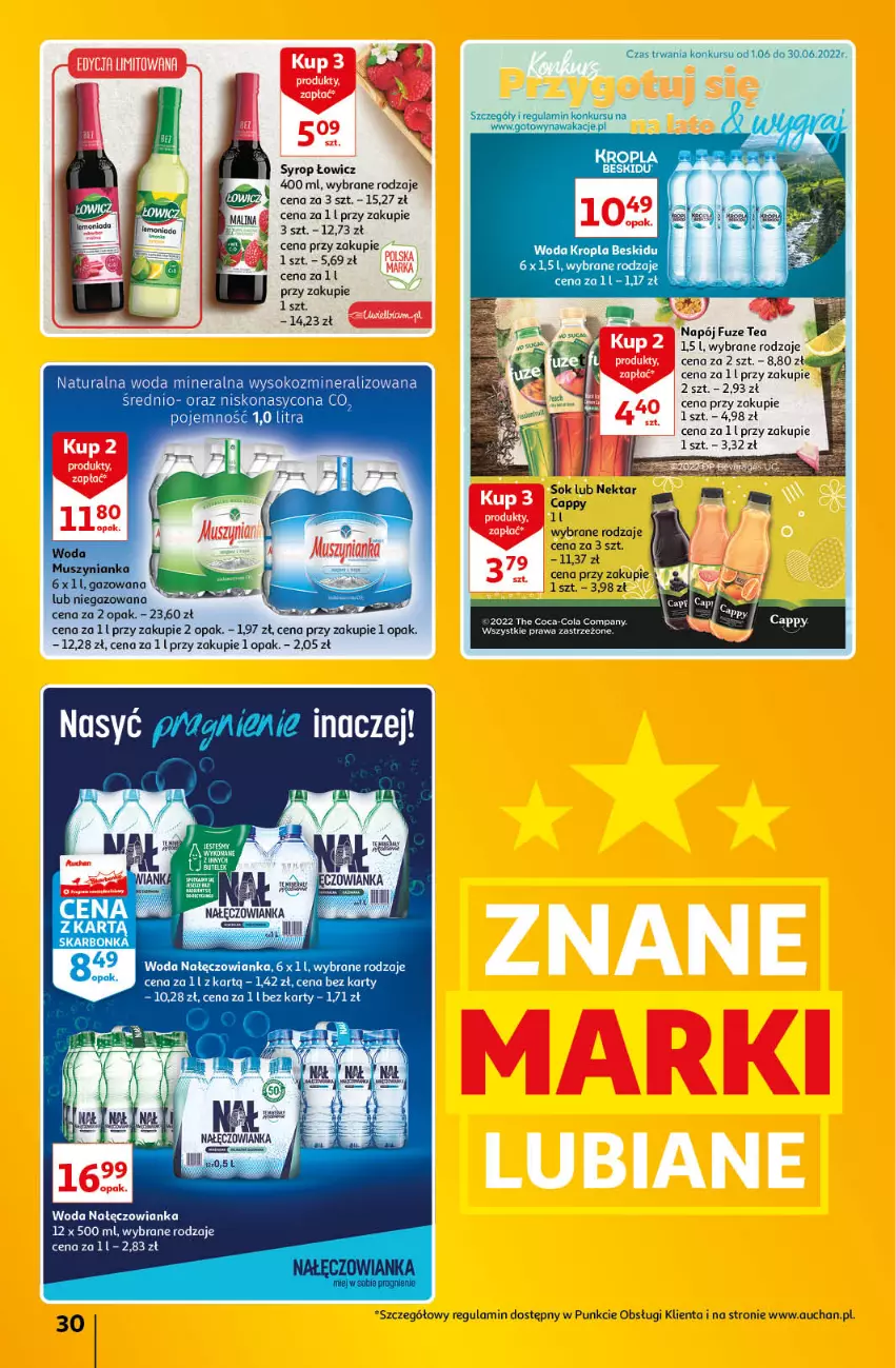 Gazetka promocyjna Auchan - Znane Lubiane Marki Hipermarkety - ważna 02.06 do 08.06.2022 - strona 30 - produkty: Cappy, Mus, Muszynianka, Nałęczowianka, Napój, Nektar, Sok, Syrop, Woda, Woda mineralna