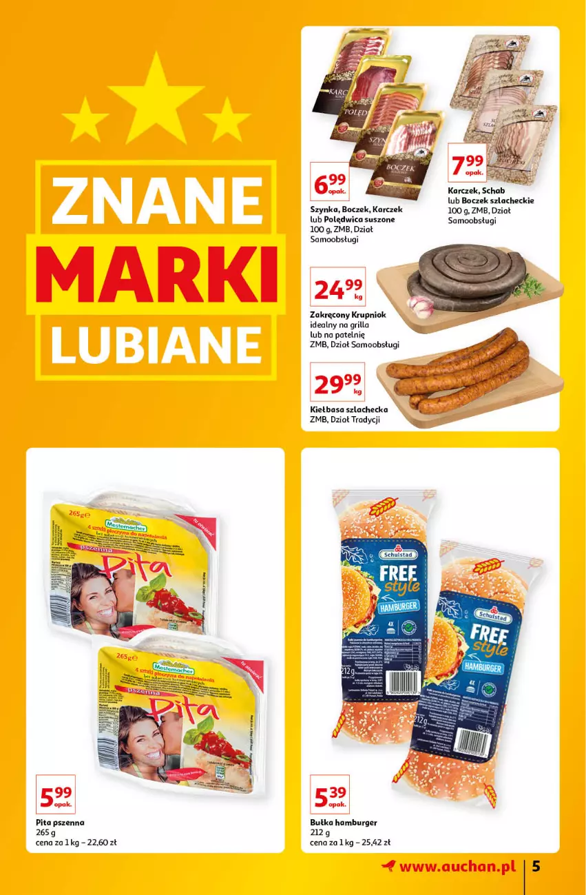 Gazetka promocyjna Auchan - Znane Lubiane Marki Hipermarkety - ważna 02.06 do 08.06.2022 - strona 5 - produkty: Boczek, Bułka, Bułka hamburger, Burger, Grill, Hamburger, Kiełbasa, Polędwica, Szynka