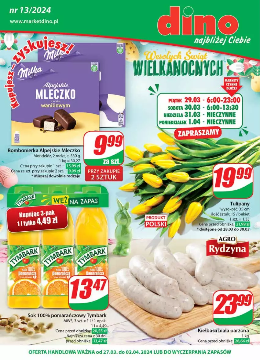 Gazetka promocyjna Dino - Gazetka 13 / 2024 - ważna 27.03 do 02.04.2024 - strona 1 - produkty: Bezy, Bukiet, Kiełbasa, Kiełbasa biała, Miecz, Mleczko, Sok, Tulipan, Tymbark