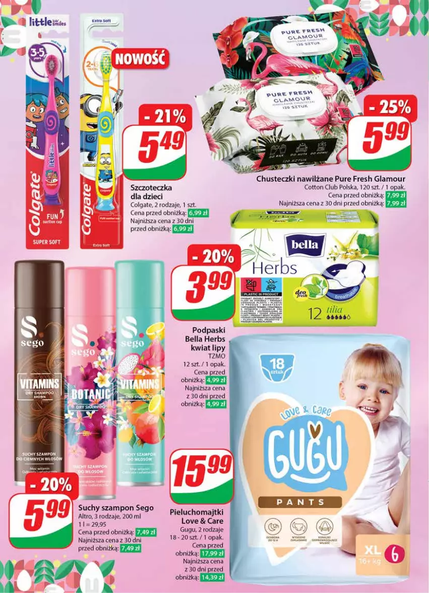 Gazetka promocyjna Dino - Gazetka 13 / 2024 - ważna 27.03 do 02.04.2024 - strona 68 - produkty: Bell, Bella, Chusteczki, Colgate, Dzieci, LG, Majtki, Pieluchomajtki, Podpaski, Pur, Suchy szampon, Szampon