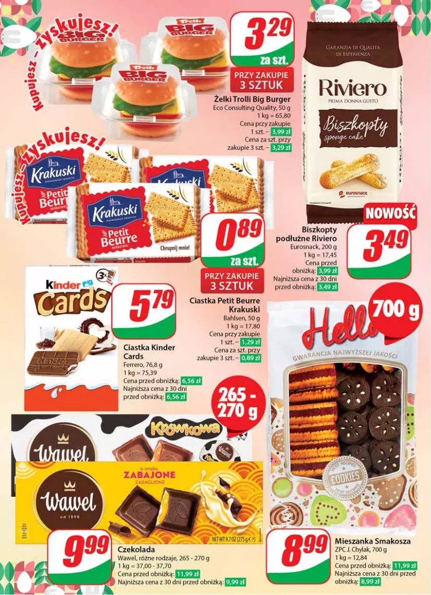 Gazetka promocyjna Dino - Gazetka 13 / 2024 - ważna 27.03 do 02.04.2024 - strona 8 - produkty: Biszkopty, Burger, Ciastka, Czekolada, Ferrero, J. Chylak, Kinder, Kosz, Krakus, Krakuski, Mieszanka smakosza, Prima, Wawel