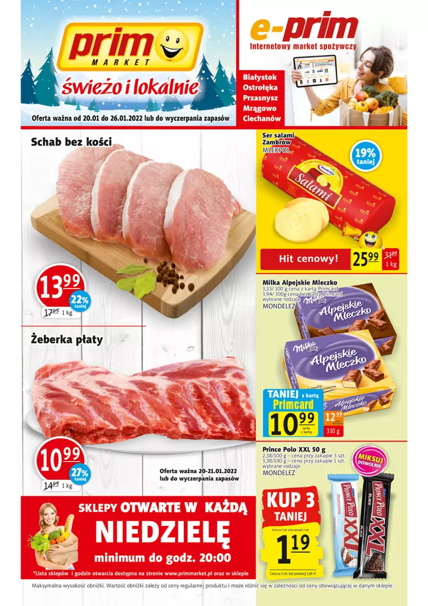 Gazetka promocyjna Prim Market - Gazetka - ważna 20.01 do 26.01.2022 - strona 1 - produkty: Milka, Mleczko, Prince Polo, Salami, Schab bez kości, Ser, Ser salami, Sok