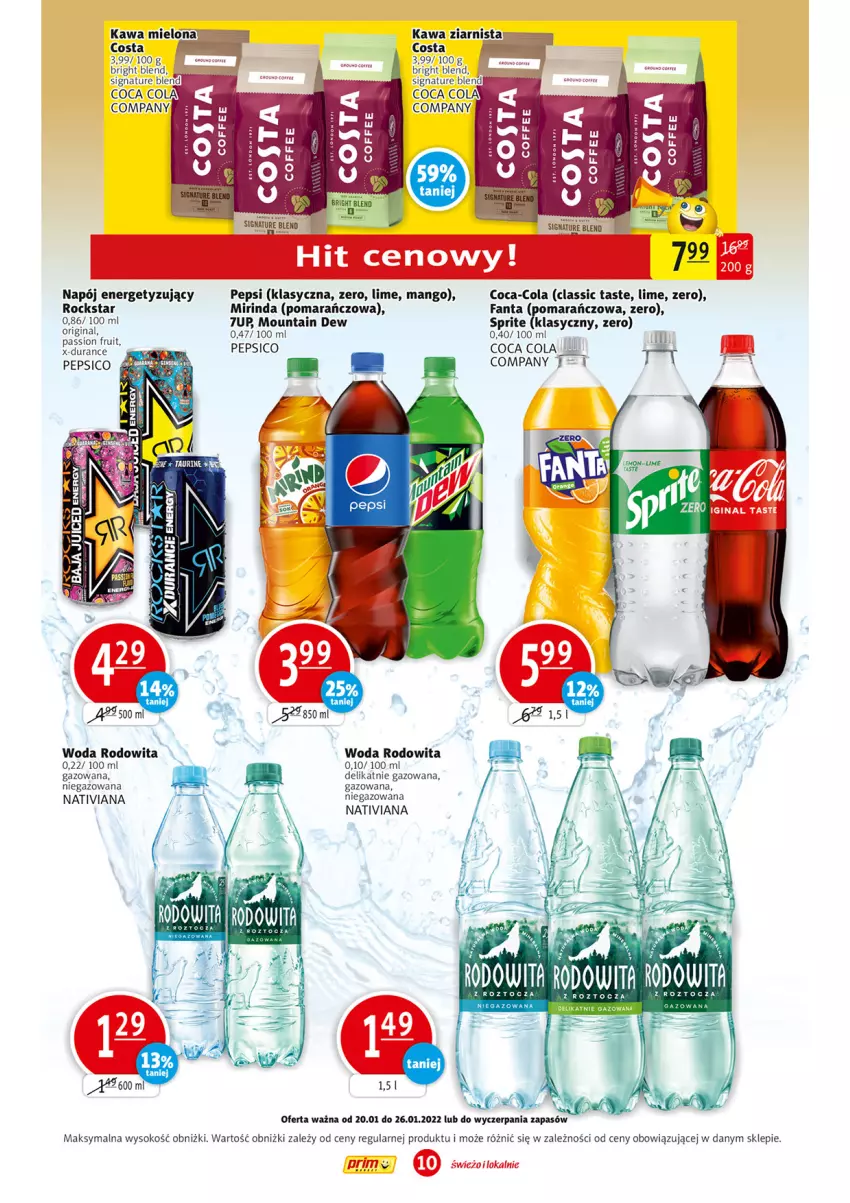 Gazetka promocyjna Prim Market - Gazetka - ważna 20.01 do 26.01.2022 - strona 10 - produkty: 7up, Coca-Cola, Fa, Fanta, Gin, Kawa, Kawa mielona, Kawa ziarnista, Mango, Mirinda, Napój, Pepsi, Sok, Sprite, Woda