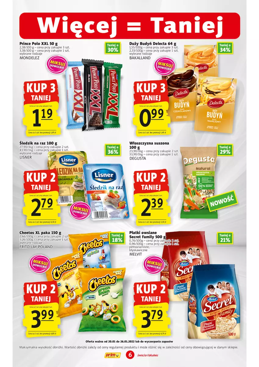 Gazetka promocyjna Prim Market - Gazetka - ważna 20.01 do 26.01.2022 - strona 6 - produkty: Bakalland, Budyń, Cheetos, Delecta, Fa, Lisner, Melvit, Płatki owsiane, Prince Polo, Sok