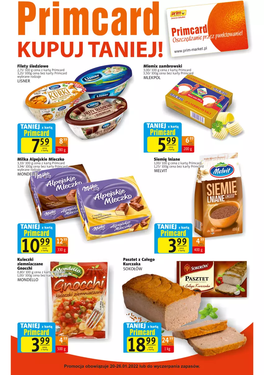 Gazetka promocyjna Prim Market - Gazetka - ważna 20.01 do 26.01.2022 - strona 7 - produkty: Dell, Gnocchi, Kurczak, Lisner, Melvit, Milka, Mleczko, Mlemix Zambrowski, Pasztet, Por, Sok, Sokołów