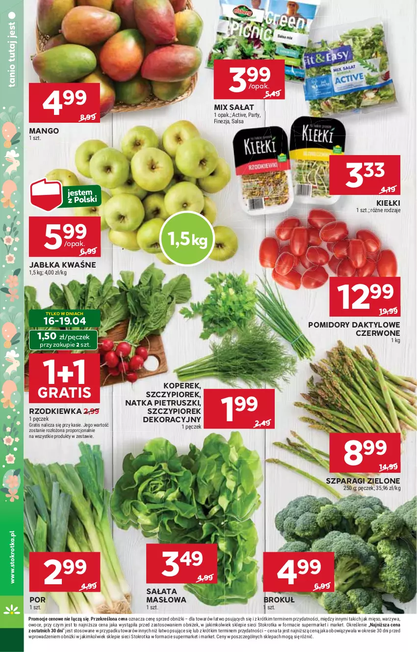 Gazetka promocyjna Stokrotka - Market - ważna 16.04 do 22.04.2025 - strona 14 - produkty: Gra, Jabłka, Kiełki, Mango, Masło, Mięso, Natka pietruszki, Owoce, Pomidory, Por, Rzodkiewka, Sałat, Sałata masłowa, Salsa, Warzywa