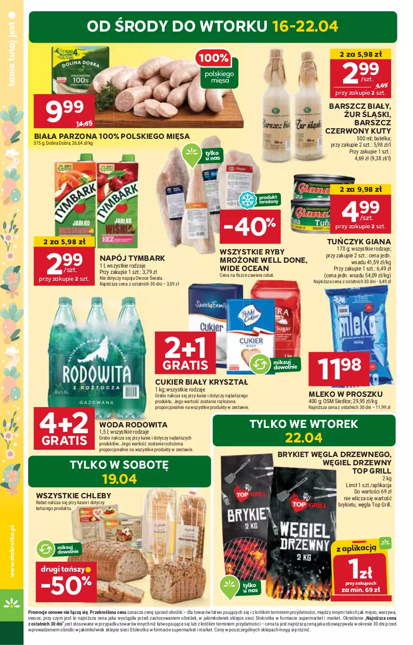 Gazetka promocyjna Stokrotka - Market - ważna 16.04 do 22.04.2025 - strona 4 - produkty: Chleb, Cukier, Gra, Grill, Mięso, Mleko, Mleko w proszku, Napój, Owoce, Por, Top, Tuńczyk, Tymbark, Warzywa, Węgiel drzewny, Woda