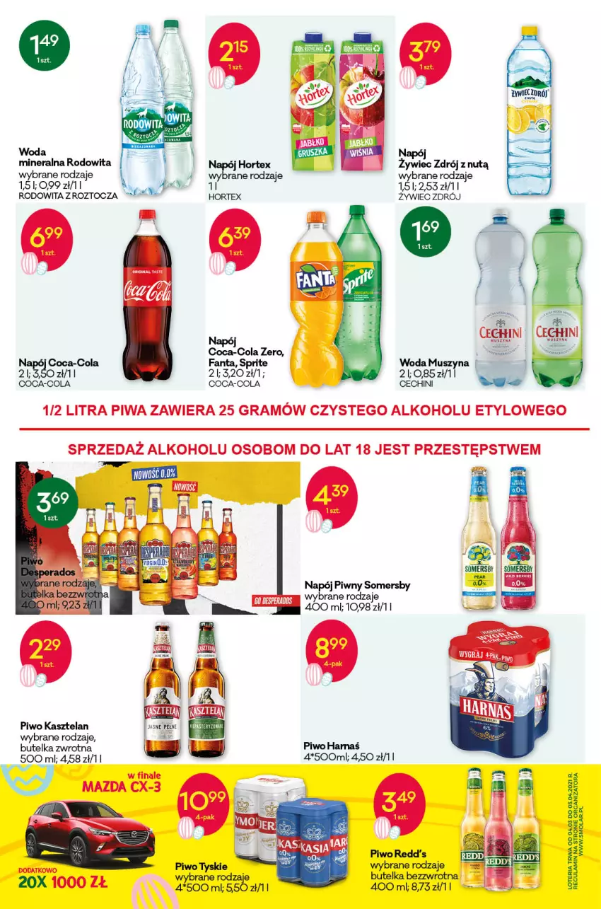 Gazetka promocyjna Groszek - Gazetka - ważna 22.03 do 03.04.2021 - strona 10 - produkty: Coca-Cola, Fa, Fanta, Gra, Harnaś, Hortex, Kasztelan, Mola, Mus, Napój, Piwa, Piwo, Redd's, Somersby, Sprite, Szyna, Tyskie, Woda