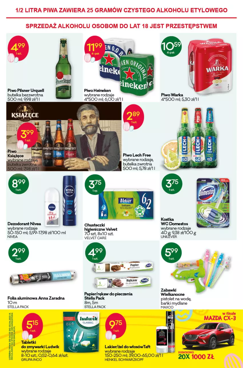 Gazetka promocyjna Groszek - Gazetka - ważna 22.03 do 03.04.2021 - strona 11 - produkty: Chusteczki, Dezodorant, Domestos, Heineken, Lakier, Ludwik, Mola, Nivea, Papier, Piec, Pilsner Urquell, Pistolet, Piwo, Rękaw do pieczenia, Schwarzkopf, Tablet, Tabletki do zmywarki, Taft, Velvet, Warka, Zmywarki