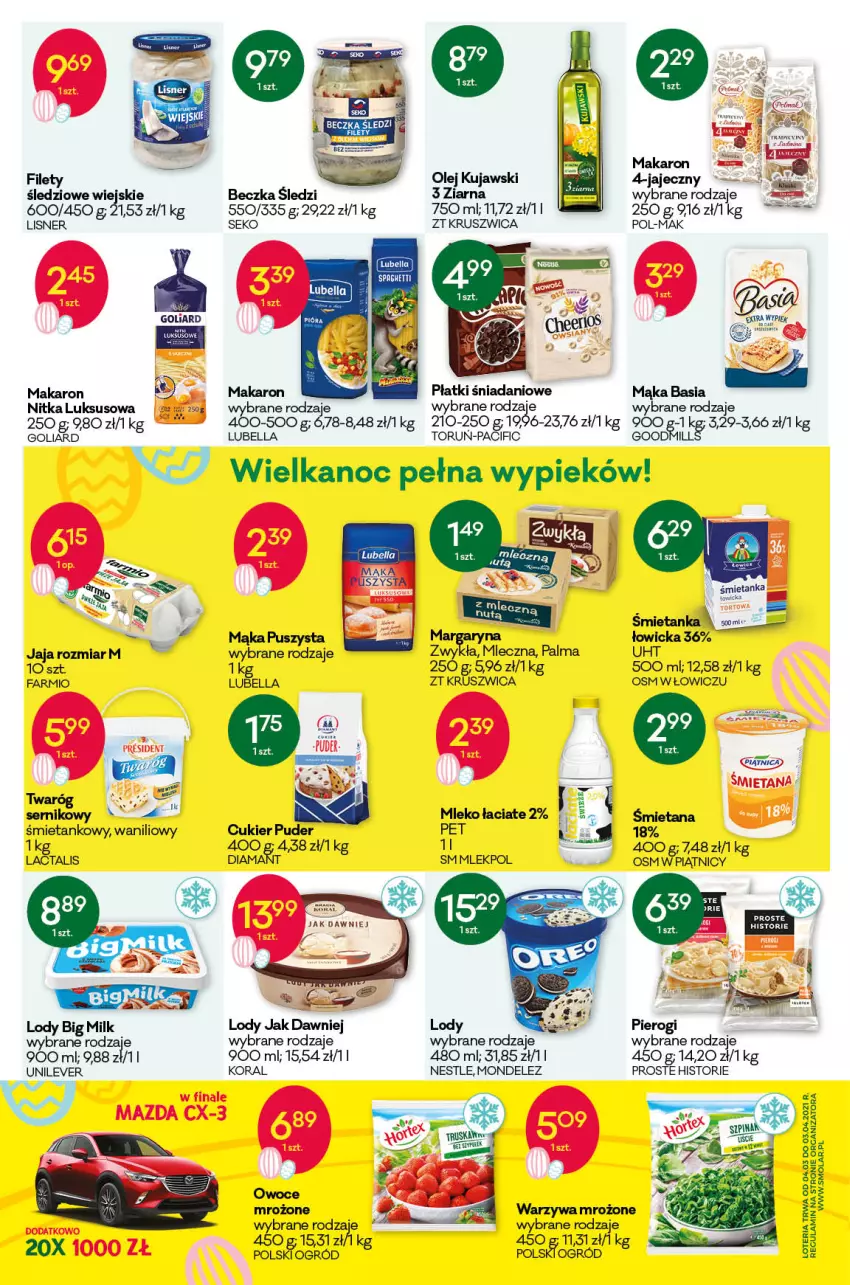 Gazetka promocyjna Groszek - Gazetka - ważna 22.03 do 03.04.2021 - strona 4 - produkty: Basia, Bell, Bella, Big Milk, Cif, Cukier, Cukier puder, Danio, Diamant, Fa, Goliard, Jaja, Kujawski, LG, Lisner, Lody, Lubella, Mąka, Makaron, Mleko, Mola, Ogród, Olej, Oral B, Owoce, Palma, Pierogi, Puder, SEKO, Twaróg