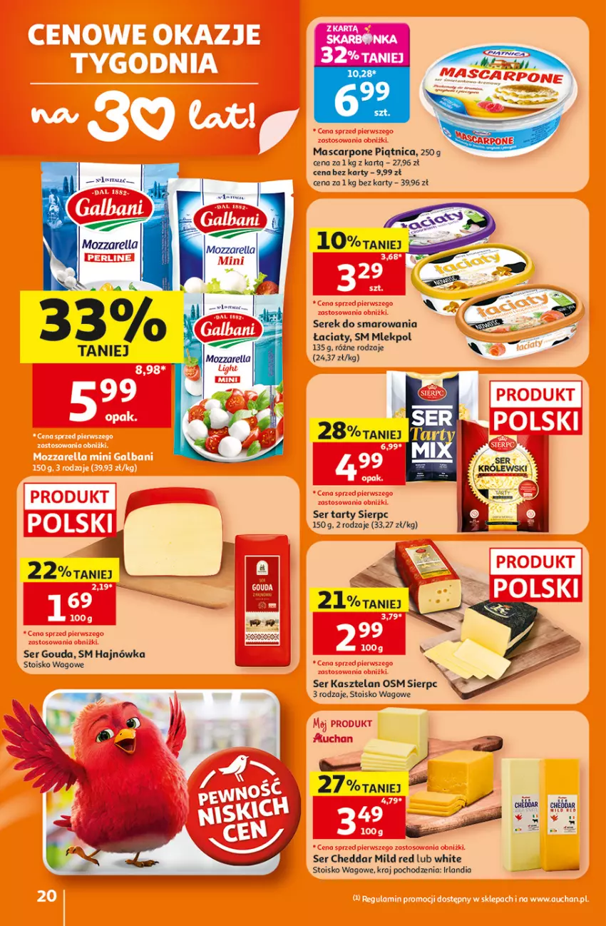 Gazetka promocyjna Auchan - Gazetka 30 Lat Hipermarket Auchan - ważna 23.07 do 29.07.2026 - strona 20 - produkty: Cheddar, Gouda, Kasztelan, Mozzarella, Piątnica, Ser, Ser Kasztelan, Serek