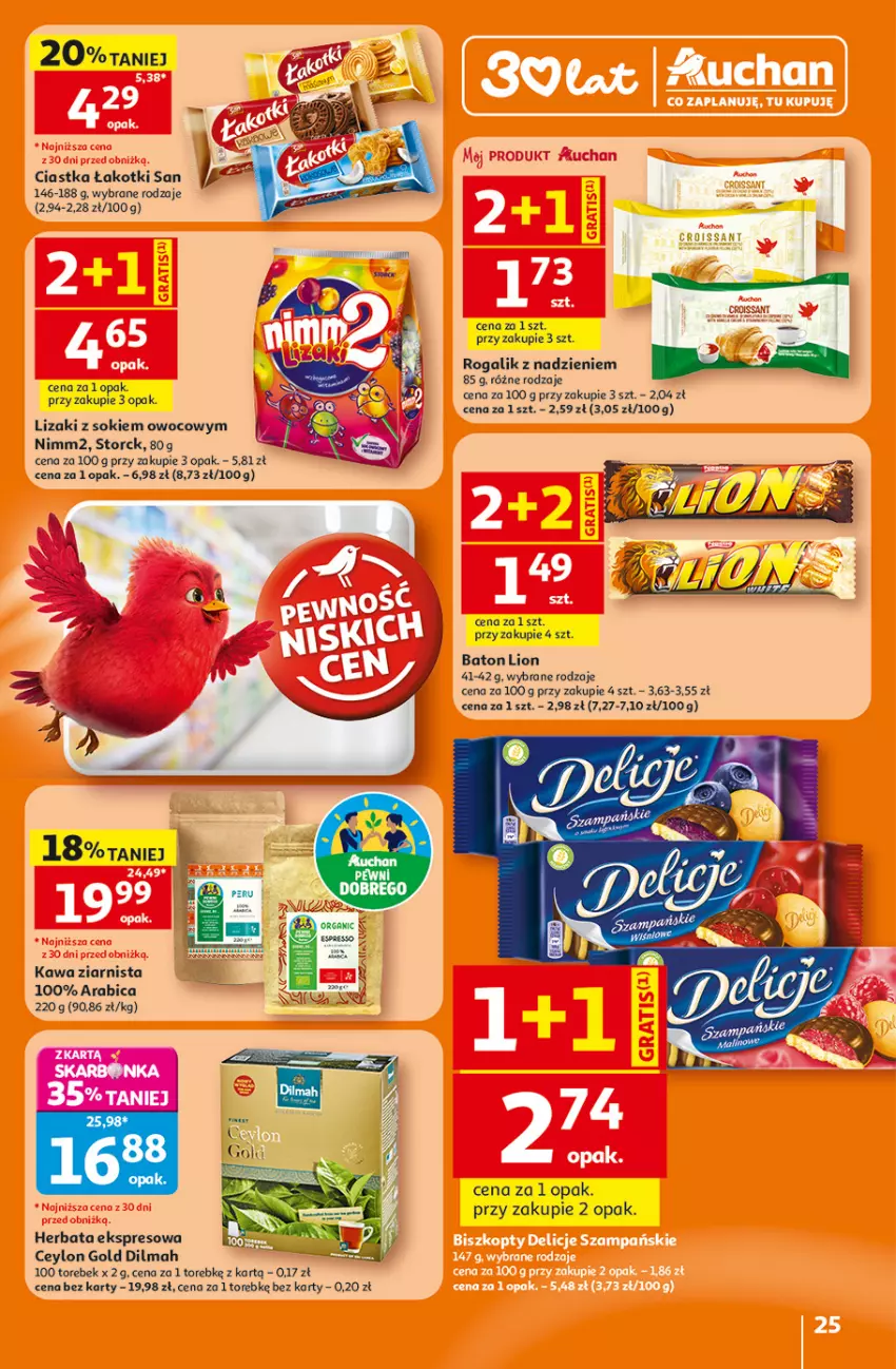 Gazetka promocyjna Auchan - Gazetka 30 Lat Hipermarket Auchan - ważna 23.07 do 29.07.2026 - strona 25 - produkty: Baton, BIC, Ciastka, Dilmah, Herbata, Kawa, Kawa ziarnista, Lion, Lizaki, Nimm2, Rogal, Sok