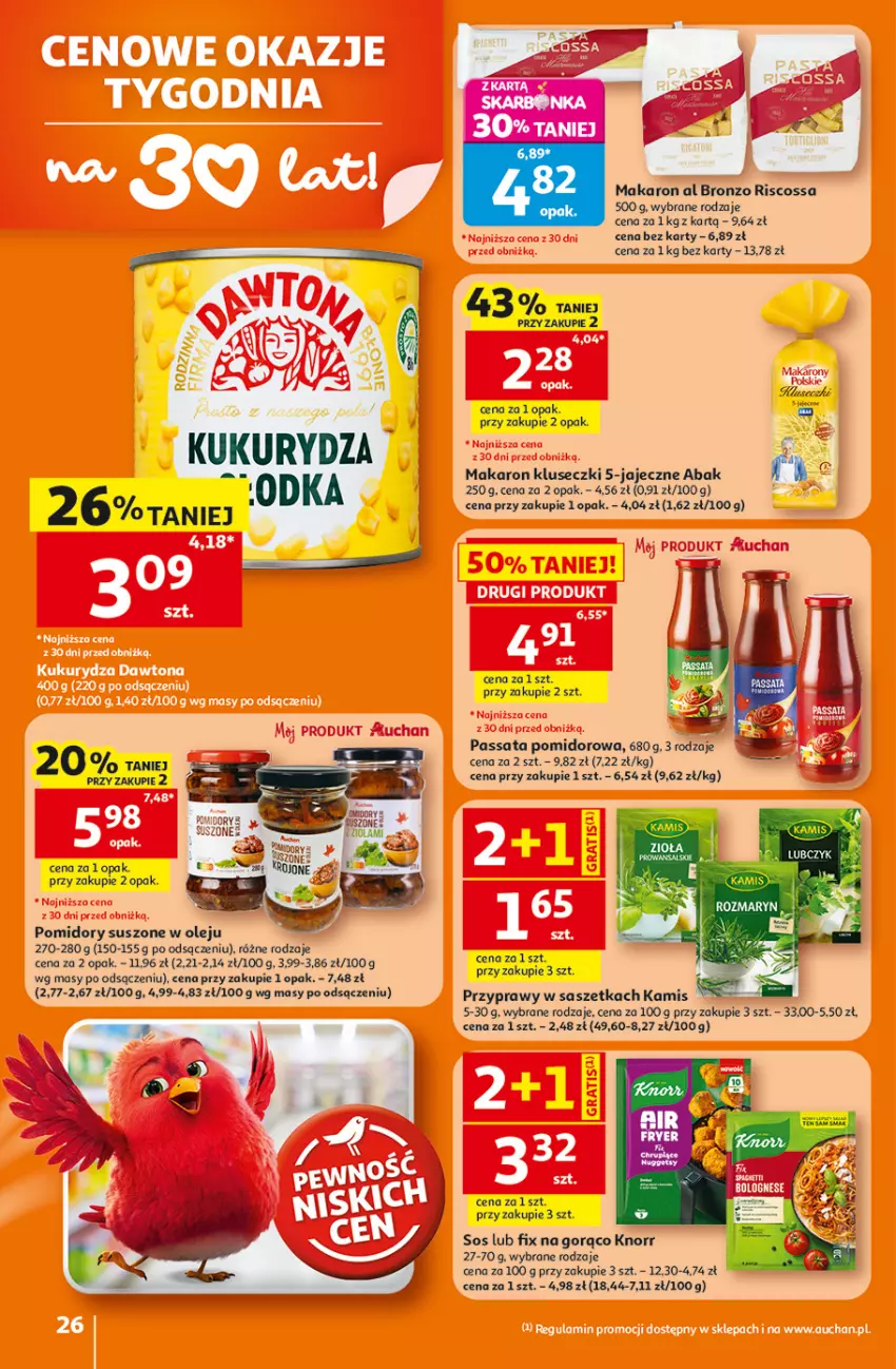 Gazetka promocyjna Auchan - Gazetka 30 Lat Hipermarket Auchan - ważna 23.07 do 29.07.2026 - strona 26 - produkty: Kamis, Knorr, Kukurydza, Makaron, Olej, Pomidory, Przyprawy, Sok, Sos
