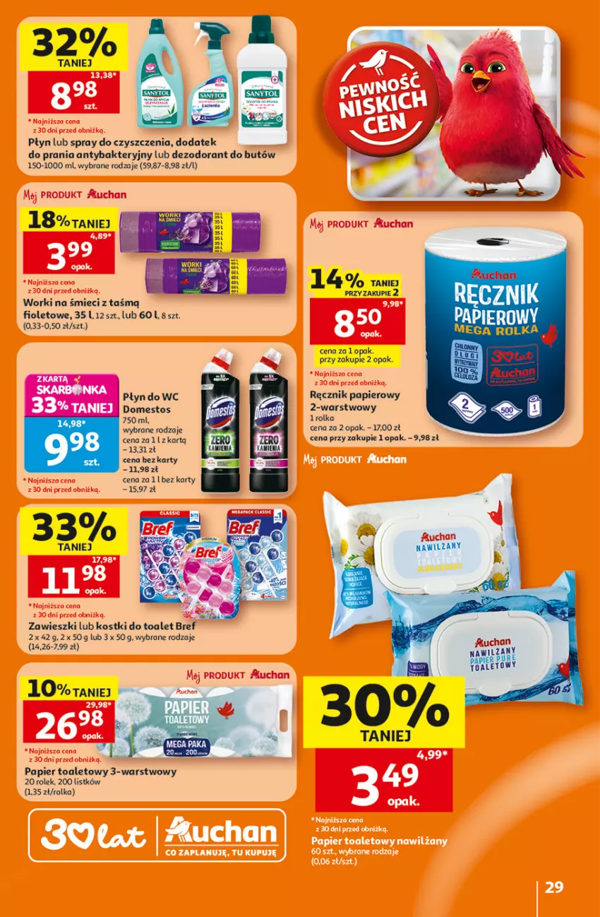 Gazetka promocyjna Auchan - Gazetka 30 Lat Hipermarket Auchan - ważna 23.07 do 29.07.2026 - strona 29 - produkty: Bref, Dezodorant, Domestos, Papier, Papier toaletowy, Płyn do wc, Ręcznik, Spray do czyszczenia, Worki na śmiec, Worki na śmieci, Zawieszki
