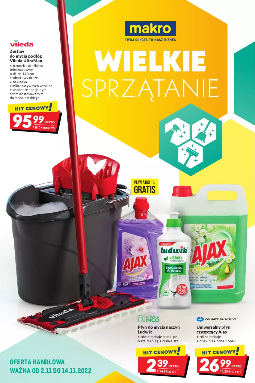 Gazetka promocyjna Makro - Wielkie sprzątanie - ważna 02.11 do 14.11.2022 - strona 1 - produkty: Ajax, Do mycia naczyń, Gra, Ludwik, Mop, Płyn do mycia, Płyn do mycia naczyń, Rama, Sprzątanie, Teleskop, Uniwersalny płyn czyszczący, Vileda, Wiadro