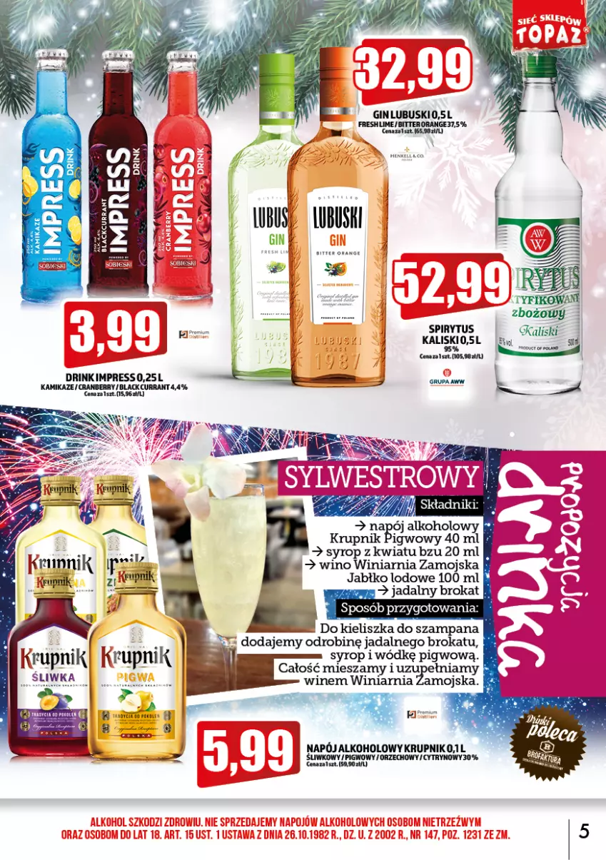 Gazetka promocyjna Topaz - Gazetka - ważna 01.12 do 31.12.2022 - strona 5 - produkty: Gin, Kiwi, Krupnik, Napój, Syrop, Winiarnia Zamojska, Wino