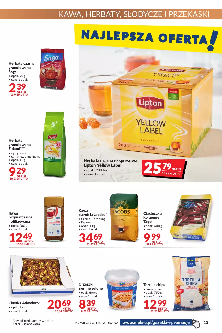 Gazetka promocyjna Makro - [Oferta promocyjna] Artykuły spożywcze i przemysłowe - ważna 22.03 do 04.04.2022 - strona 13 - produkty: Ciastka, Gra, Herbata, Herbata czarna, Jacobs, Kawa, Kawa rozpuszczalna, Kawa ziarnista, Lipton, Orzeszki, Orzeszki ziemne, Saga, Tago, Tortilla, Tortilla Chips