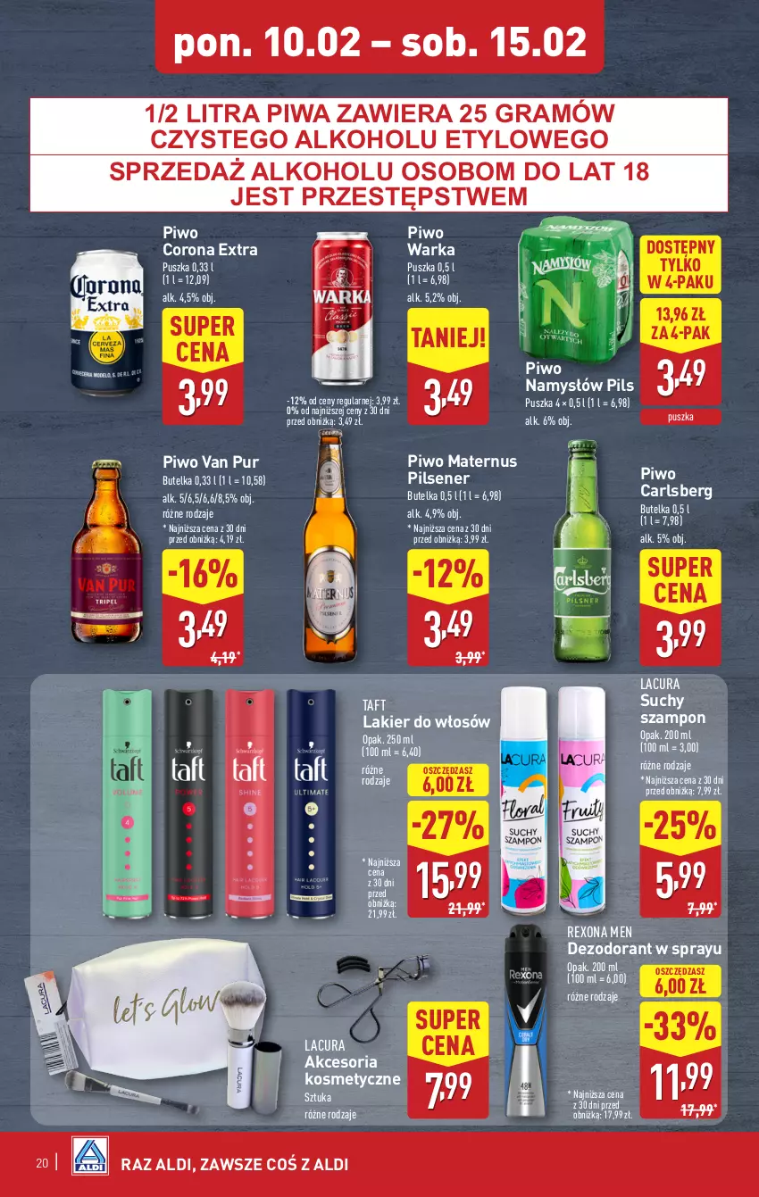 Gazetka promocyjna Aldi - Pełna oferta - ważna 10.02 do 15.02.2025 - strona 20 - produkty: Carlsberg, Corona Extra, Dezodorant, Gra, Lakier, Lakier do włosów, Namysłów, Piwa, Piwo, Pur, Rexona, Suchy szampon, Szampon, Taft, Warka