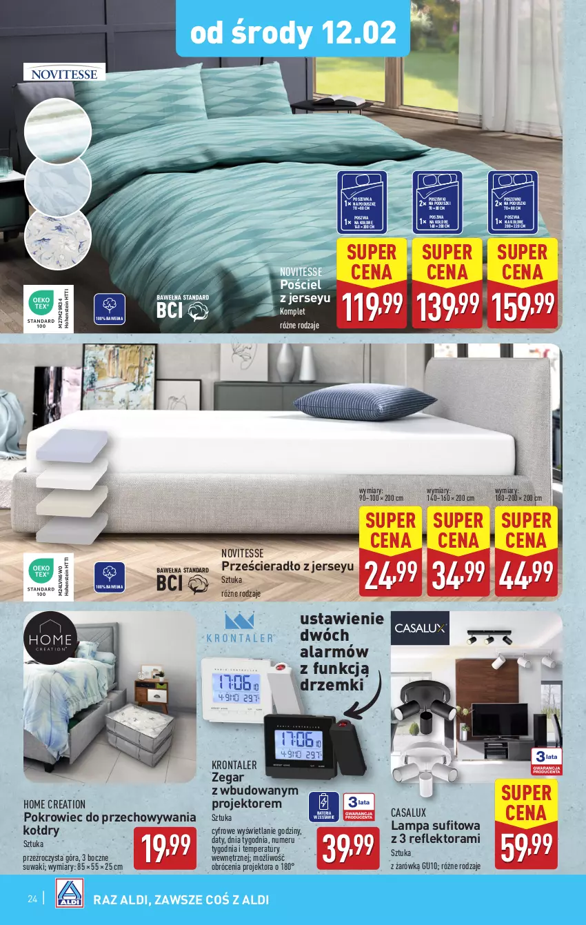 Gazetka promocyjna Aldi - Pełna oferta - ważna 10.02 do 15.02.2025 - strona 24 - produkty: Bateria, Lampa, Lampa sufitowa, Pokrowiec, Pościel, Poszewka, Prześcieradło, Reflektor, Wełna, Zegar