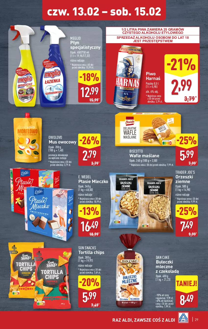 Gazetka promocyjna Aldi - Pełna oferta - ważna 10.02 do 15.02.2025 - strona 29 - produkty: Bułeczki, Bułeczki mleczne, Dan Cake, E. Wedel, Gra, Harnaś, Mleczko, Mus, Orzeszki, Orzeszki ziemne, Piwa, Piwo, Ptasie mleczko, Tortilla, Tortilla Chips, Wafle