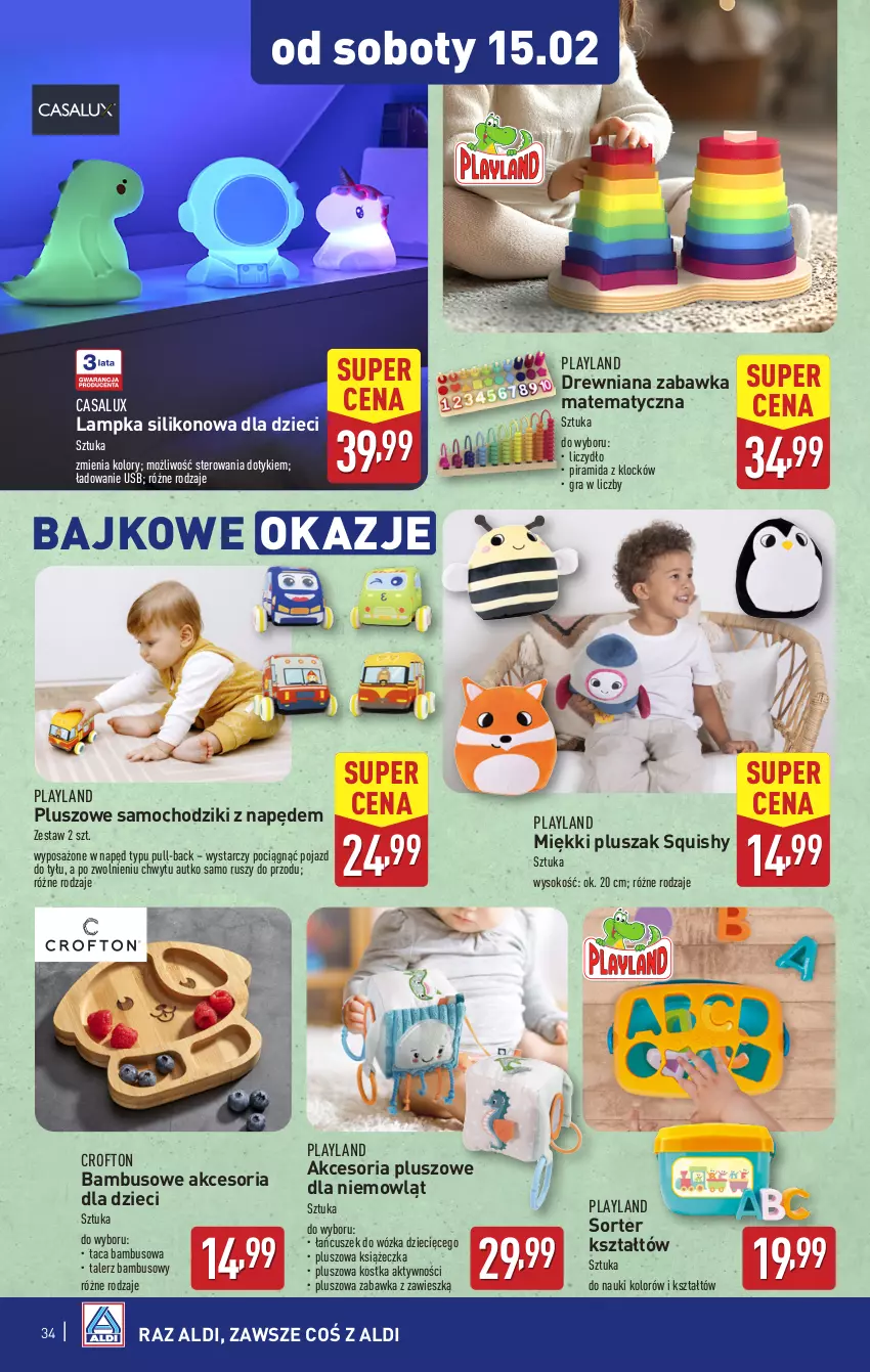 Gazetka promocyjna Aldi - Pełna oferta - ważna 10.02 do 15.02.2025 - strona 34 - produkty: Chodzik, Dzieci, Gra, Pluszak, Pociąg, Pojazd, Samochodziki, Sok, Taca, Talerz, Zabawka