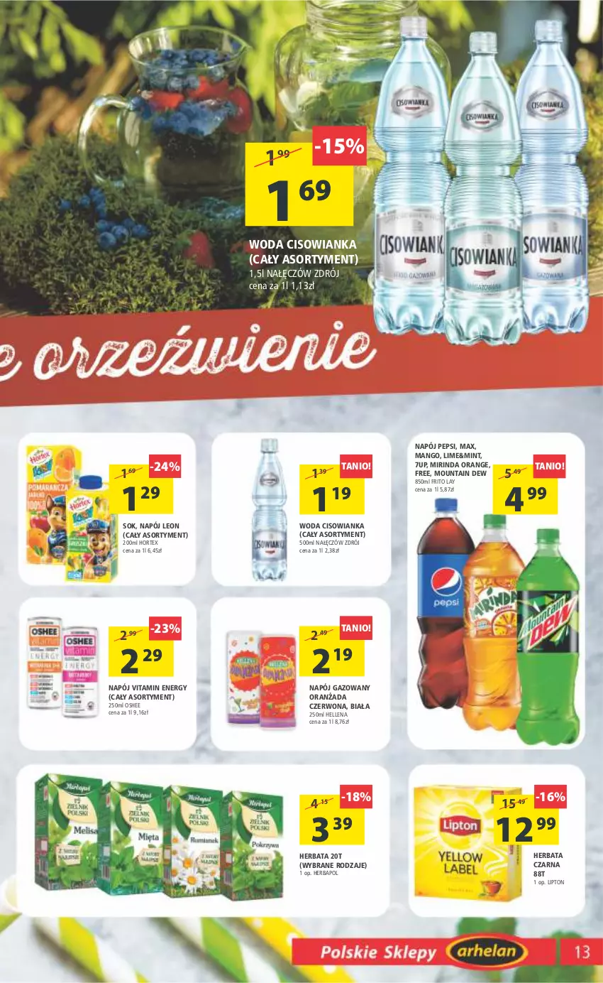 Gazetka promocyjna Arhelan - Gazetka - ważna 09.09 do 18.09.2022 - strona 13 - produkty: 7up, Cisowianka, Hellena, Herbapol, Herbata, Herbata czarna, Hortex, Leon, Lipton, Mango, Mirinda, Napój, Napój gazowany, Oranżada, Oshee, Pepsi, Sok, Woda